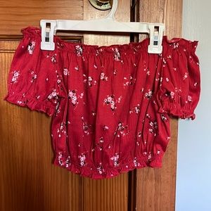 Red floral off the shoulder crop top